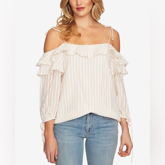 CeCe Tops - CeCe Off the Shoulder Ruffle Top Blush and White Size Small‎